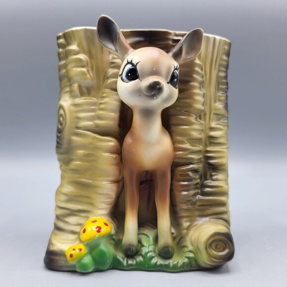 Vintage MCM Bambi Deer Vase Kitchy Planter Deer & Mushrooms Ceramic Table Decor - Picture 2 of 16